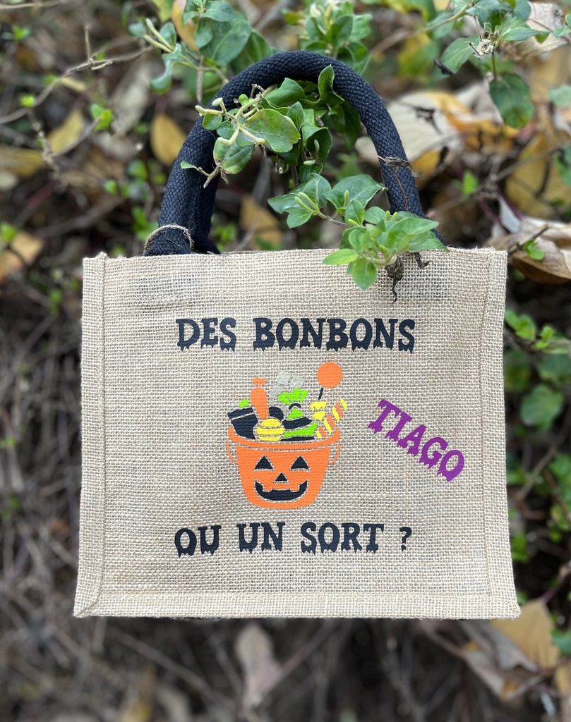 Sac en toile de jute "Des bonbons ou un sort?"