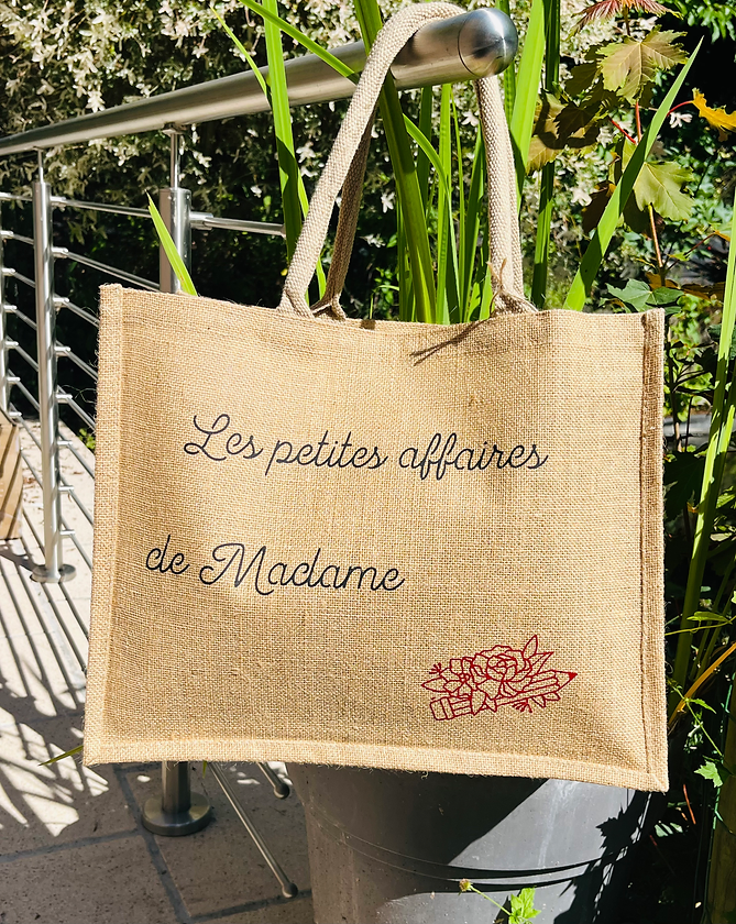 Sac en toile de jute "Les petites affaires de Mme... "  