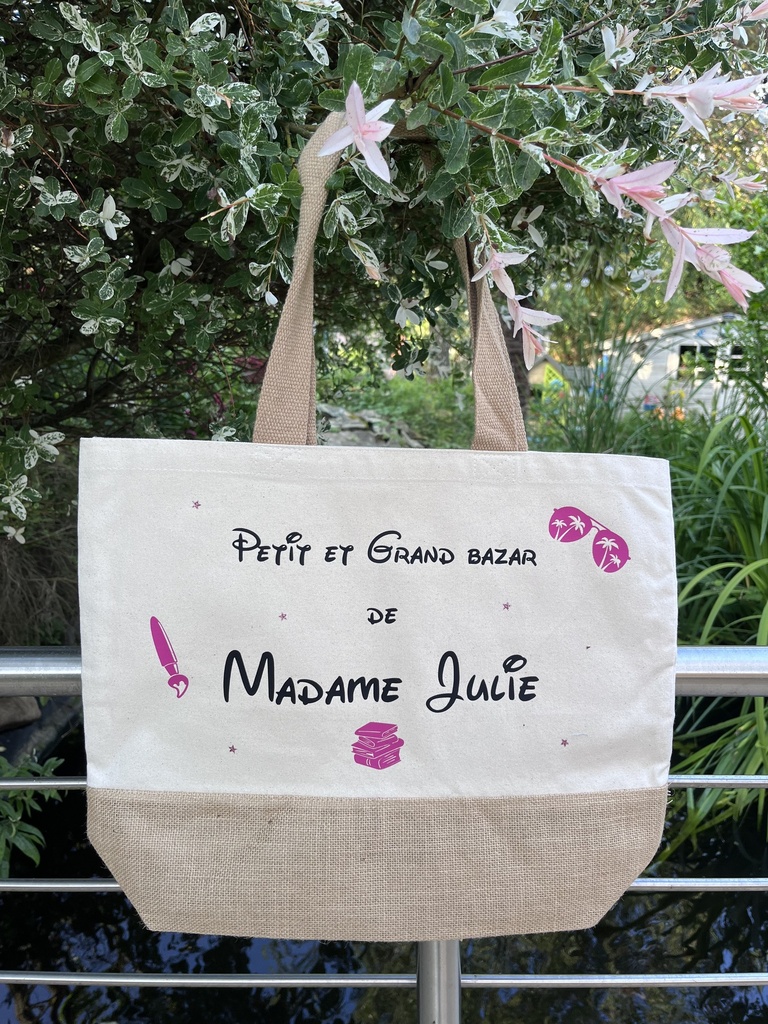 Sac en tissu/jute "Petit et grand bazar de Madame ..." Rose