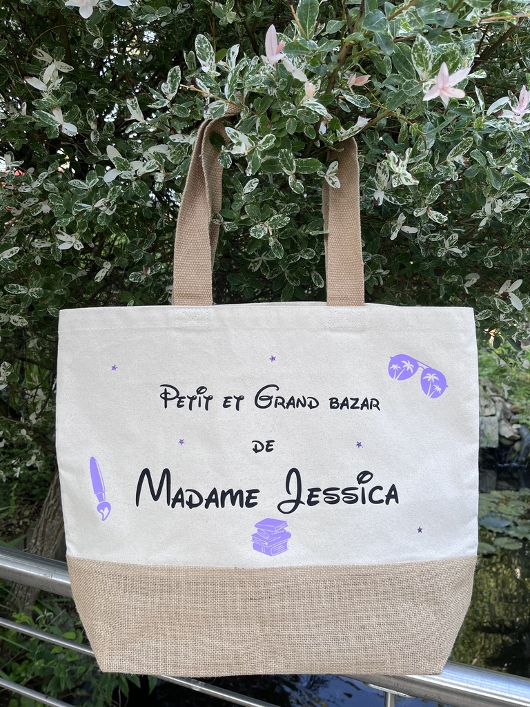 Sac en tissu/jute "Petit et grand bazar de Madame ..." Violet