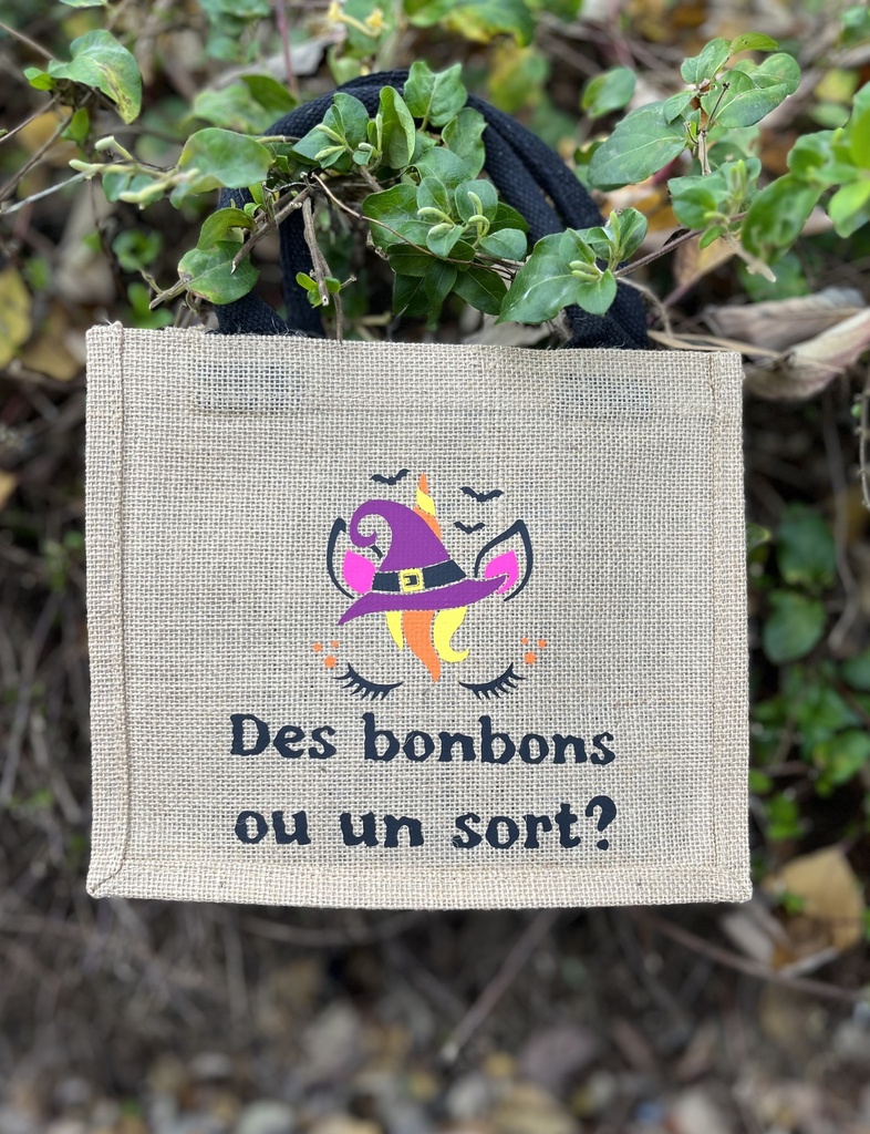 Sac en toile de jute "Des bonbons ou un sort" 