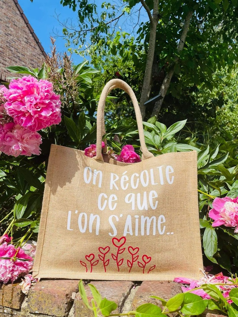 Sac en toile de jute "On récolte ce que l'on s'aime"